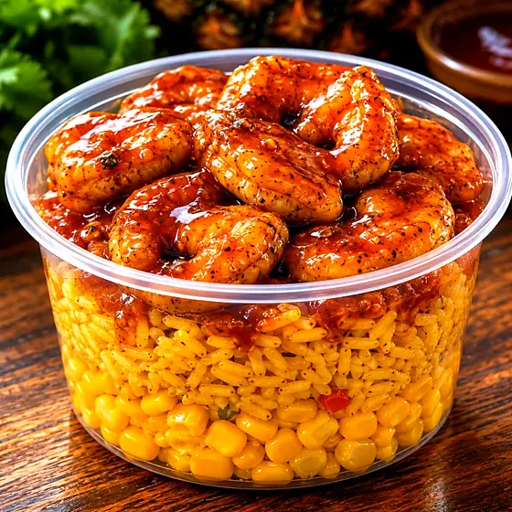 Jerk Shrimp Bowl — grilled jumbo shrimp in jerk BBQ sauce over yellow rice and corn.