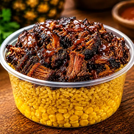 Oxtail Bowl — slow-braised oxtail in dark jerk glaze over yellow seasoned rice and corn.